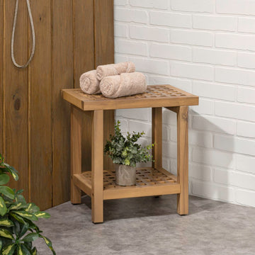 Armin 18.1" Modern Classic Grid Slat Solid Acacia Wood Indoor/Outdoor Shower Stool